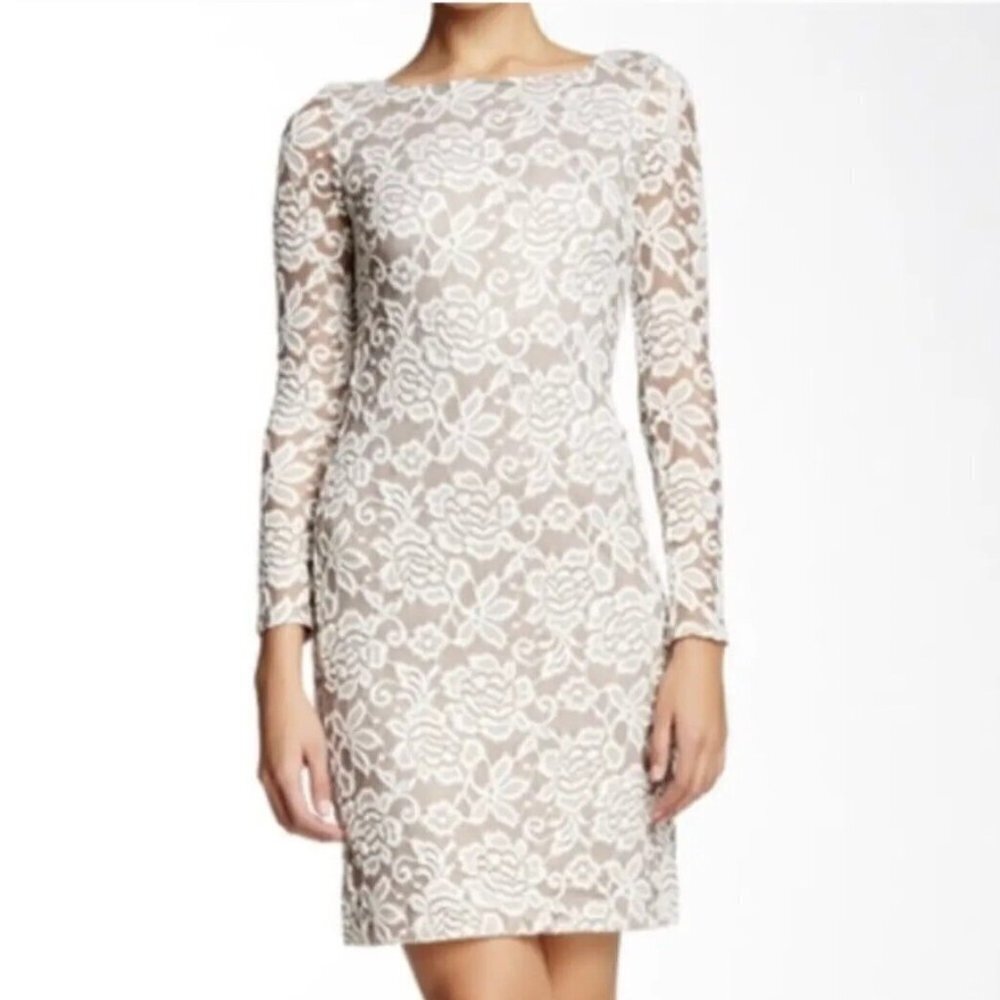Eliza J Overlay Lace Sheath Dress Beige Taupe Long Sleeve Formal Dress Size 14